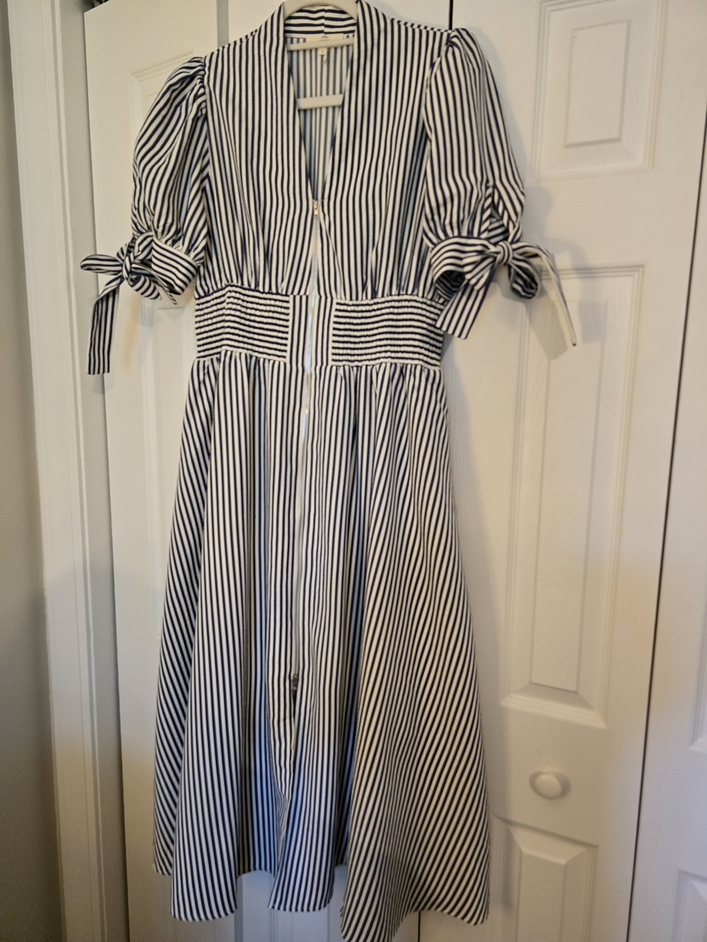 entro Navy & White Vertical Stripe Midi Dress with Smocked Waist